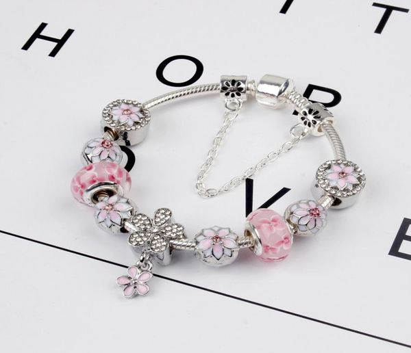 925 Sterling Silber Rosa Murano Glasperlen Charm Kirschblüten Armband Kette Passend für P Europäisches Armband Schmuckherstellung Armreif DIY Gänseblümchen Anhänger Women5253548