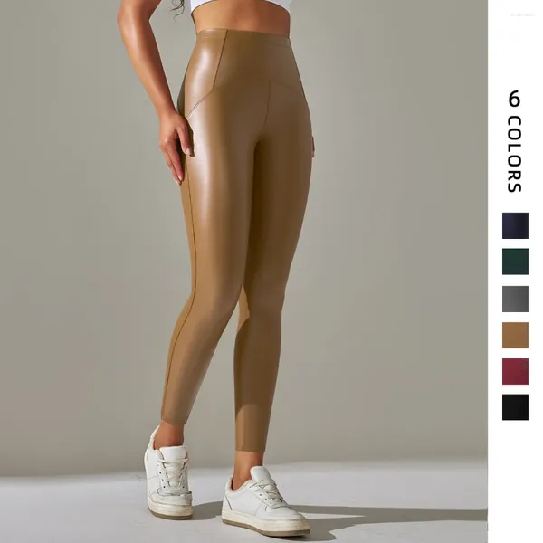 Pantaloni attivi Pantaloni invernali da donna Leggings a vita alta Sollevamento dell'anca Cintura addominale Cintura in pelle PU Yoga a nove punti