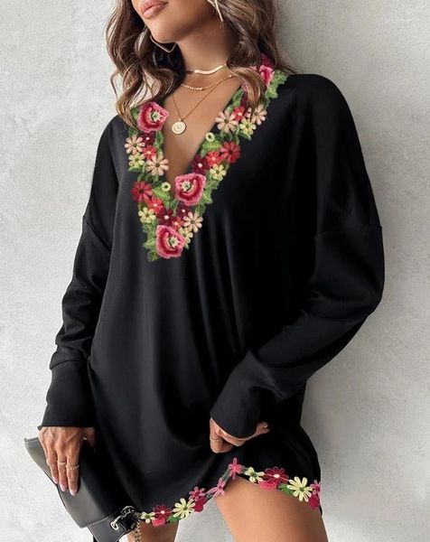 Vestidos casuais feminino bordado padrão floral manga longa v-pescoço mini vestido moda temperamento para mulheres 2024 primavera