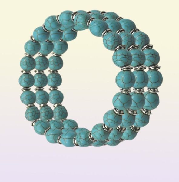 Braccialetti elastici con perline turchesi da 8 mm con perline distanziatrici color argento per donna 7227653