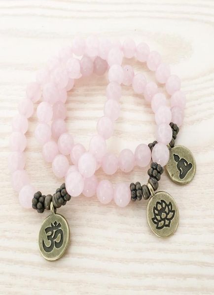 SN1107 Bracciale in vero quarzo rosa in ottone antico Om Buddha Bracciale con ciondolo in loto regalo per lei7748956