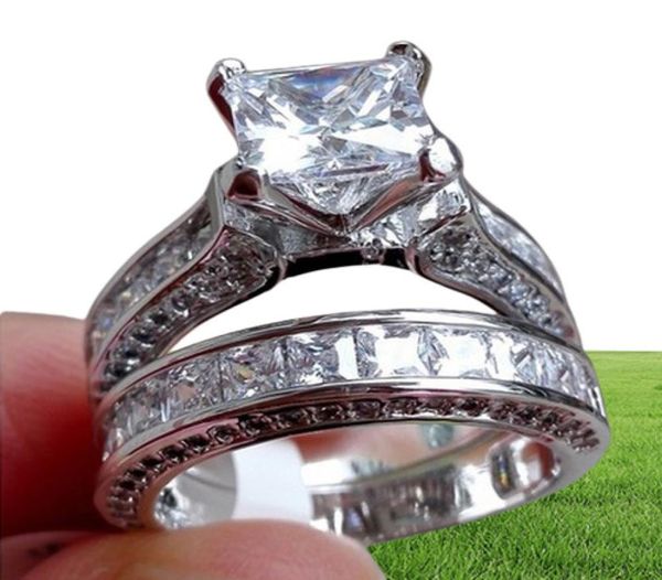 Tamanho de luxo 5678910 joias 10kt ouro branco cheio topázio corte princesa conjunto de anel de casamento de diamante simulado presente com 6317161