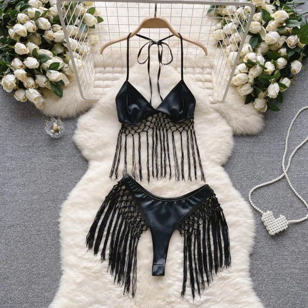 İş elbiseleri yaz pu deri plaj takım elbise kadın yular sırtsız camis mini etek seti moda seksi bikini püskül iki parça set