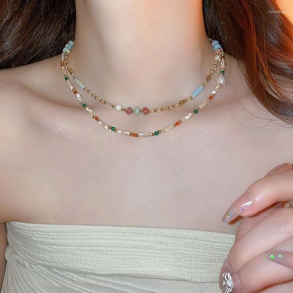 Anhänger Halsketten Mehrschichtige Bunte Perlen Kristall Naturstein Perlenkette Halsband Für Frauen Mode Bankett Täglich Schmuck Zubehör