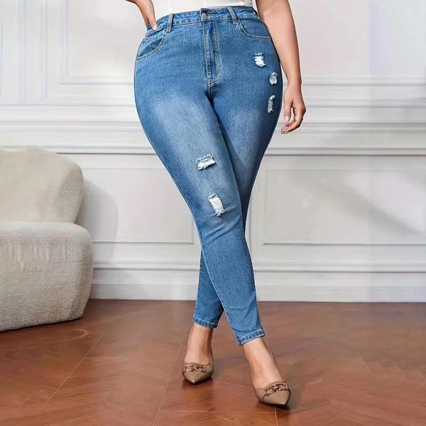 Damenjeans, dehnbar, dünn, molliges Mädchen, hohe Taille, Loch, zerrissen, Push-Up, kolumbianische Slim-Fit-Jeans, Damen-Jeggings