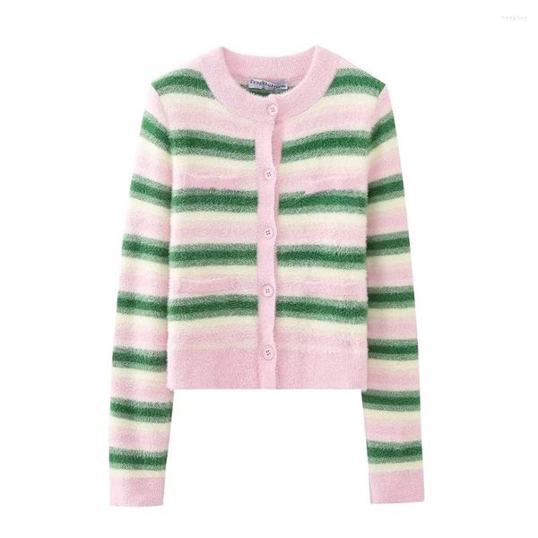 Camisetas femininas 2024 outono pequeno fresco rosa listra verde emendado curto cardigan suéter