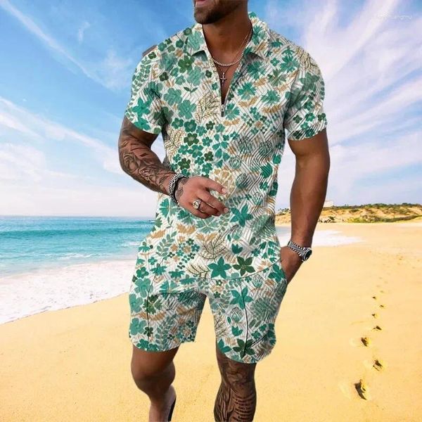 Tracksuits masculinos 2024 padrão de planta floral 3d impressão verão sweatsuit conjunto casual zíper colarinho camisa polo e shorts 2pcs conjuntos de treino