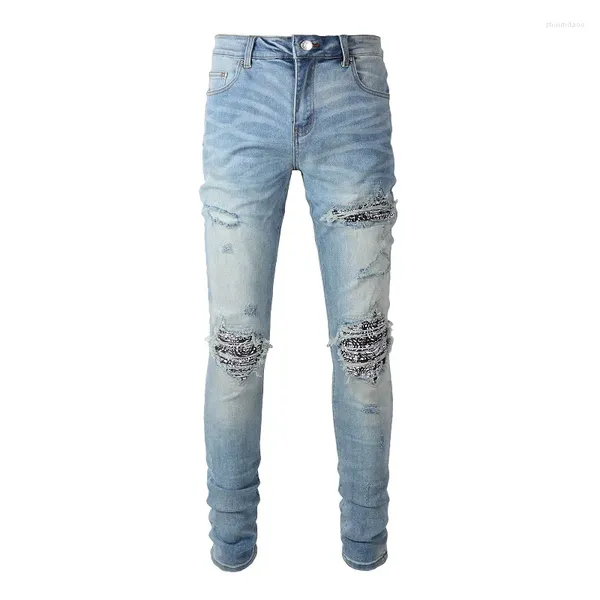 Jeans masculinos Steetwear estilo skinny stretch buracos slim fit luz azul high street angustiado tie dye rasgado