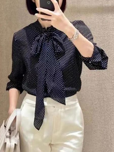 Blusas femininas camisa para mulher 2024 seda bolinhas fita temperamento vintage blusa de manga longa