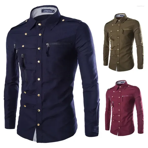 Camisas casuais masculinas 2024 primavera e outono camisa de manga comprida tendência snap fit cor sólida