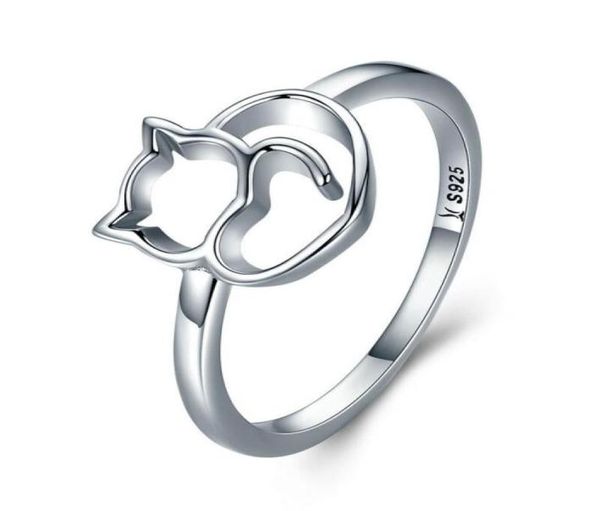 Anello in argento sterling 925 con design simpatico gatto per le donne, gioielli, fascia per dito, taglia 6810553173833127