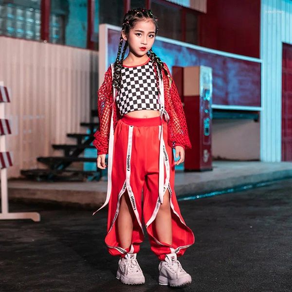 Palco desgaste meninas jazz dança traje streetwear vermelho net casaco haren calças crianças hip hop roupas kpop rua outfits vdb962