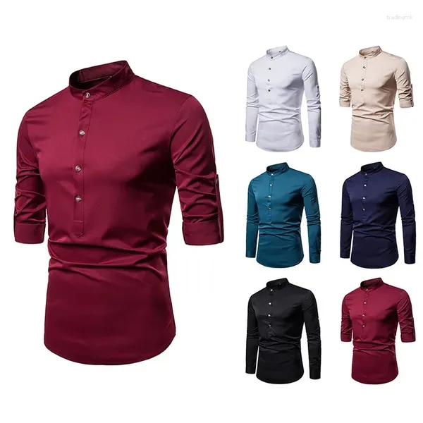 Camisas casuais masculinas 2024 primavera e outono colarinho grande camisa de manga longa coreano cor sólida pulôver na moda