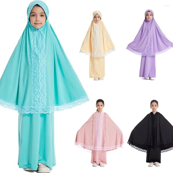 Abbigliamento etnico Eid Abaya con cappuccio in pizzo Bambini Ragazze Hijab Lungo Khimar Burqa Maxi gonna Set 2 pezzi Kaftan Turchia Indumento di preghiera Abito Ramadan