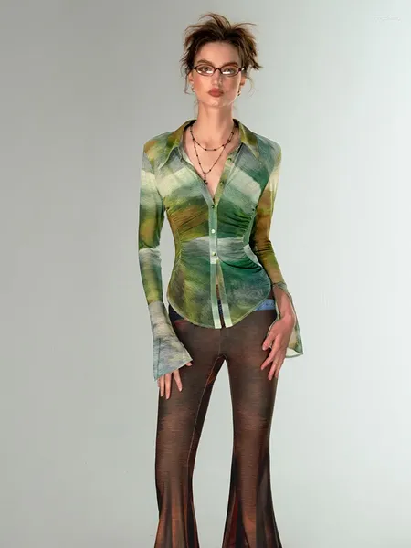 Blusas femininas vintage botão até camisa manga longa design chique topos verde para mulher moda estilo de rua outono