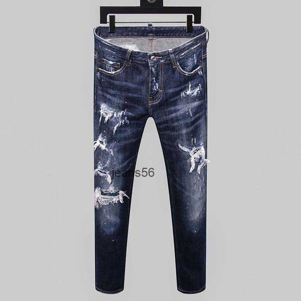 Calça jeans masculina jeans azul skinny rasgada versão Marinha moda antiga estilo Itália