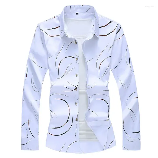 Camisas casuais masculinas 2024 primavera e outono fino ajuste impressão grande manga longa flor camisa moda