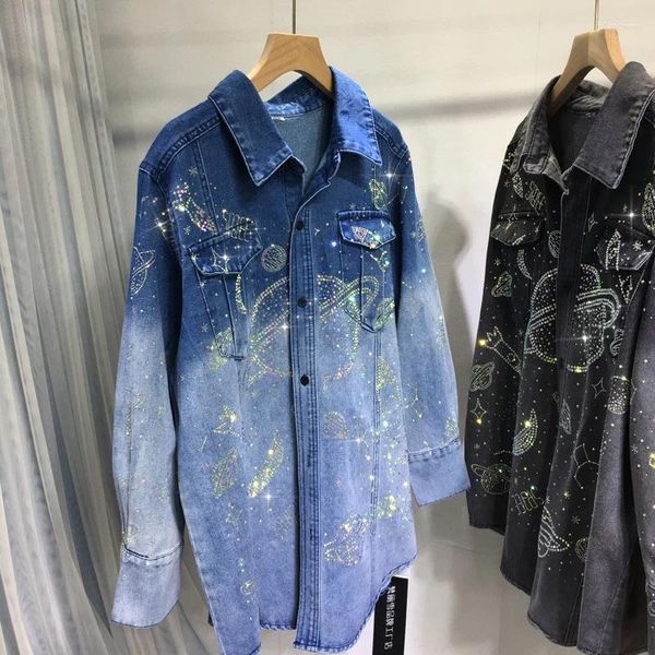 Camicette da donna Camicie con stelle perforate Cielo stellato Cappotto di jeans Diamanti Luna Giacca di jeans Cardigan con perline Primavera Media lunghezza Streetwear