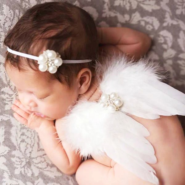 Bebê recém-nascido asa de anjo com elástico strass bandana infantil fotografia adereços conjunto rosa branco pena foto traje bj