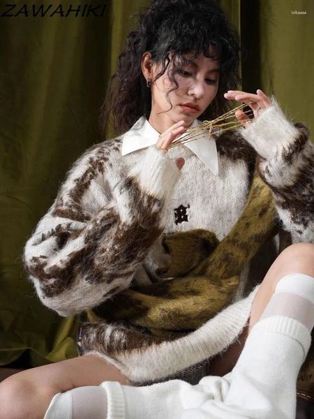 Damenpullover ZAWAHIKI Pullover Frauen Koreanische Modeliebhaber Lose Kontrastfarbe Vintage Sueter Mujer Vielseitige beiläufige gestrickte Y2K-Kleidung