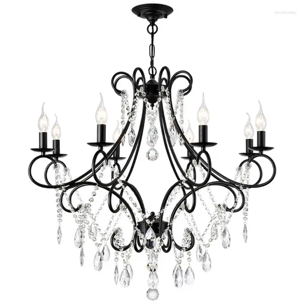 Lustres retro preto ferro candelabro iluminação moderna estudo sala de jantar pingente de cristal lâmpadas cozinha quarto led luminária pendurada