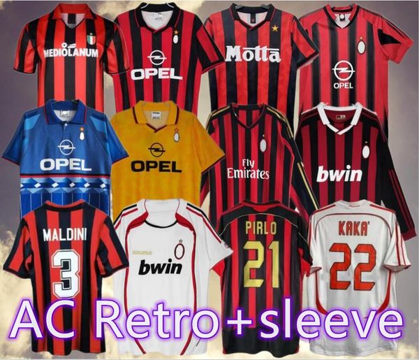 Retro Futebol Jerseys Manga Longa Kaká Baggio Maldini Van Basten Pirlo Inzaghi Ac Gullit Shevchenko Camisa Vintage Clássico Milans Camisa de Futebol 96 97 06 07