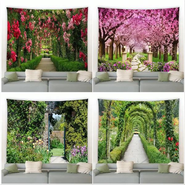 Frühlingswald Blumen Wandteppich Ländliche Blumen Rosa Rot Garten Wandbehang Dekor Naturlandschaft Zuhause Wohnzimmer Wandteppiche Teppich 240106