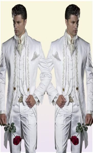 Feito sob encomenda bordado 3 peça noivo smoking longo branco terno de casamento dos homens do noivo jantar formatura wearjacketcalçasvest4165096