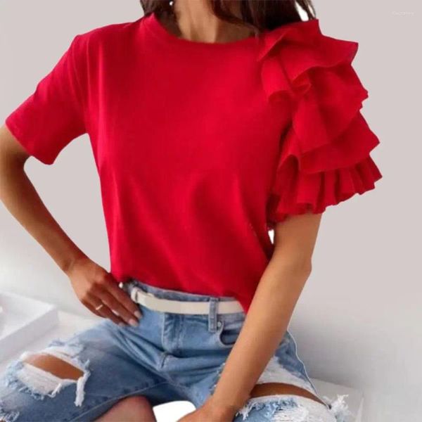 Damen-T-Shirts, schöne asymmetrische, lockere T-Shirt-Oberseite, dehnbare, geschichtete Sommer-Damenbluse mit Rüschenärmeln zum Sammeln