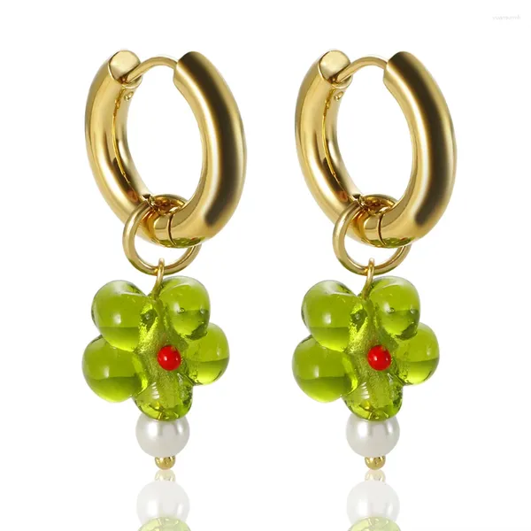 Boucles d'oreilles JINHUI bohème asymétrique vert perlé cerceau pour femmes filles acrylique fleur Huggie perle cadeau bijoux Bijou