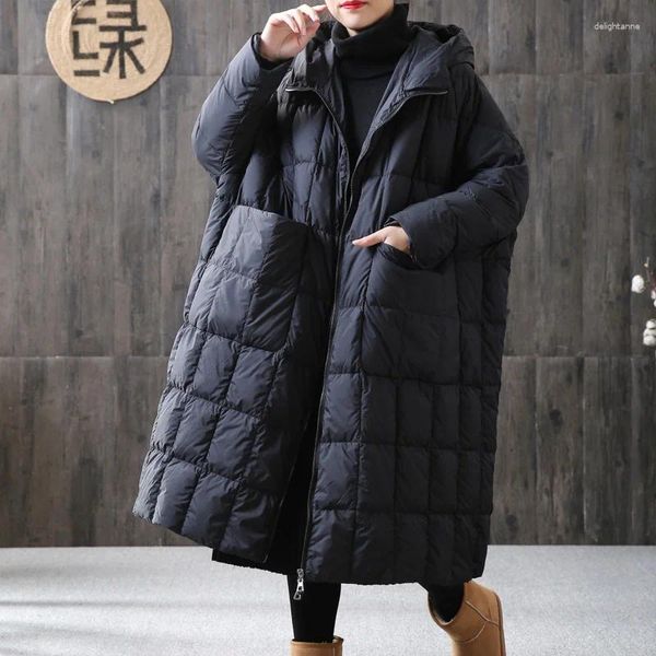 Mulheres para baixo inverno casaco oversize 90% solto longo pato jaqueta tamanho feminino casaco costura com capuz parkas