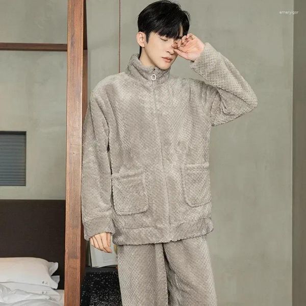 Pijamas masculinos flanela zíper 2024 coral homme engrossar velo freeship pijamas nightwear moda conjunto inverno pijama coreano