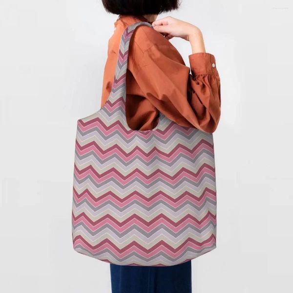 Einkaufstaschen, Zickzack-Muster, Lebensmittel-Einkaufstasche, Damen, niedlich, böhmische geometrische Leinwand, Shopper, Schultertasche, große Kapazität, Handtaschen, Geschenk