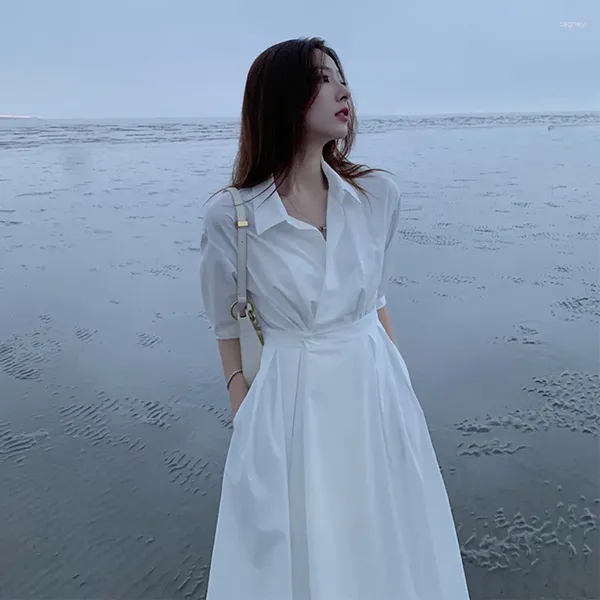 Бальные платья, винтажное однотонное платье-рубашка, корейское рабочее платье макси с отложным воротником, белое свободное повседневное длинное женское платье, лето 2024