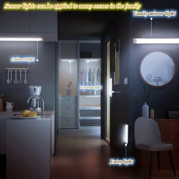 Striscia luminosa LED con sensore di movimento ricaricabile da 1 pezzo, per armadi, cucine, scale, corridoi, armadi, con cavo di ricarica, decorazioni per la casa con aspirazione magnetica (luce bianca)