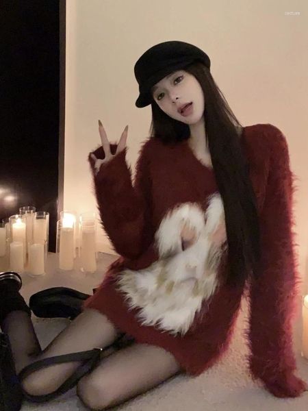 Damenpullover 2024 Herbst Weihnachten Kawaii Print Roter Pullover Warm Lässige Mode Strickpullover Frau Basic Outwear Koreanischer Stil Tops