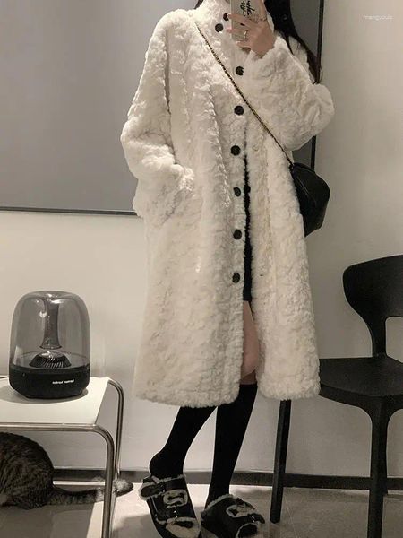 Trench da donna Cappotto in pelliccia di agnello Cappotto invernale da donna lungo allentato Casual morbido spesso caldo soffice cappotto sintetico con cappuccio Tasche con bottoni in corno Giacca