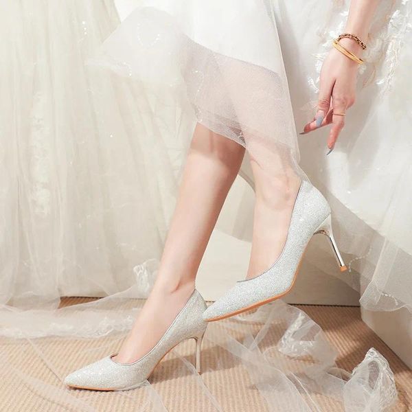 Scarpe eleganti Tacchi alti 8 cm Donna Tacco a spillo Paillettes Bianco Matrimonio Damigella d'onore Taglia 31-43