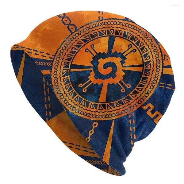 Baskenmützen, Maya-Azteken-Kalender, Hunab-Ku-Symbol, Orange, Blau, für Männer und Frauen, Mützen, gestrickte Mütze, warme Herbst- und Wintermütze