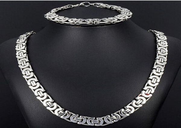 Novo estilo conjunto de joias 8mm tom de prata plana corrente bizantina colar pulseira 316L aço inoxidável Bling para moda masculina XMAS gi3805956