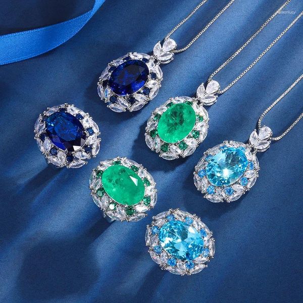 Collana orecchini set EYIKA lusso mix colore zircone ovale blu royal verde fusione pietra anello pendente gioielli da sposa festa di nozze