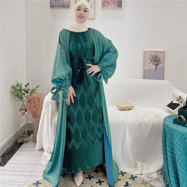 Abbigliamento etnico 2024 Estate Donne musulmane Aperto Abaya Shimmer Cardigan in raso Maxi Abito Turchia Abito arabo Kimono Dubai Islam Ramadan Femme