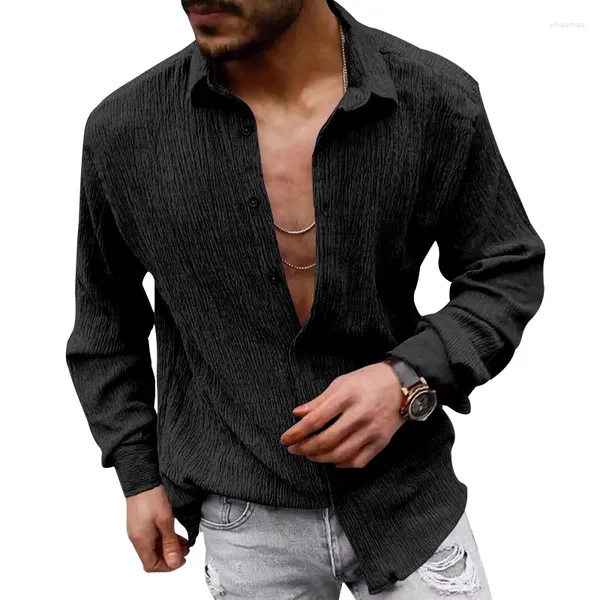 Camisas casuais masculinas enrugadas preto manga longa respirável algodão linho para homens solto tendência de moda diária chemise hombre