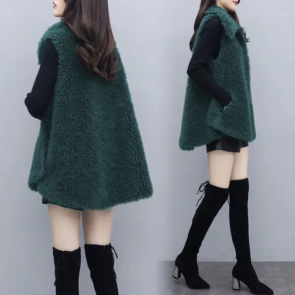 Damenwesten 2024 Herbst Winter Koreanische Nachahmung Lammwolle Pelz Integrierte Mantel Spleißen Weste Mädchen Freizeit Grün