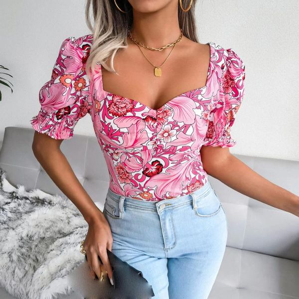 Camicette da donna Moda stampa floreale in chiffon con scollo a U Top per le donne Eleganti camicie casual da donna sexy eleganti Blusas Abbigliamento da lavoro per le vacanze