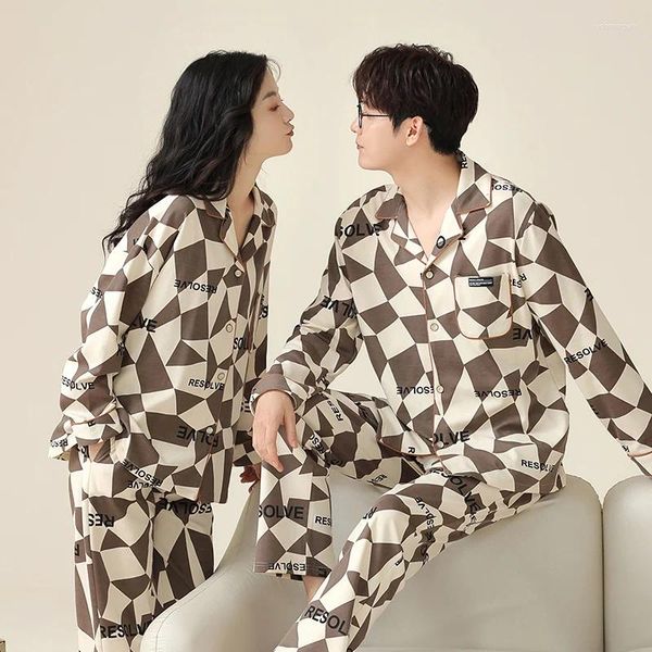 Männer Nachtwäsche Frühling Und Herbst Baumwolle Paar Pyjamas Strickjacke Geometrische Muster Mode Männer Frauen Winter Hause Eingerichtet