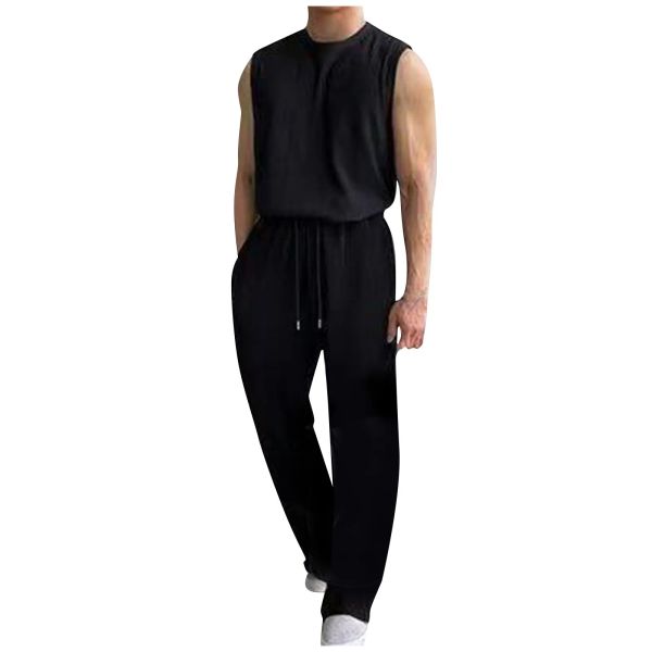 Conjunto de duas peças masculino para esportes verão cor sólida casual terno em torno do pescoço colete calças soltas exercício ao ar livre terno casual