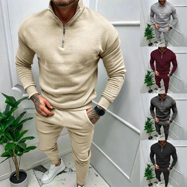 Tute da uomo Moda Uomo Pullover con mezza zip Maglione oversize Peluche Pantaloni caldi e confortevoli 2 pezzi Solido integrato Sport all'aria aperta