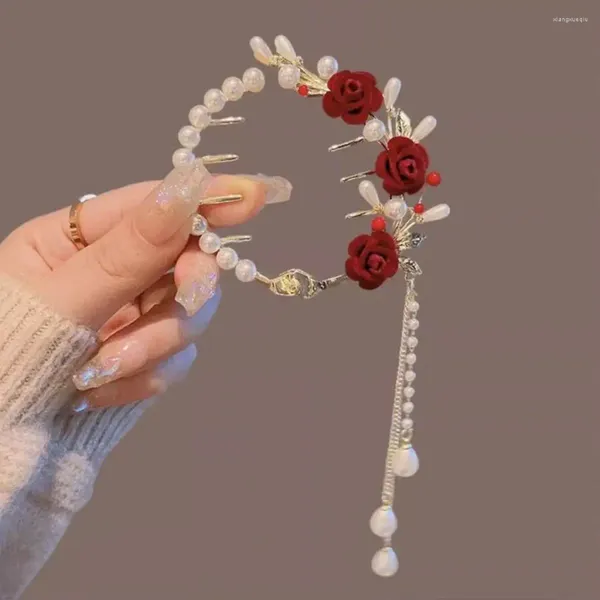 Accessori per capelli Lady Coda di cavallo Artiglio Rosa finta Perla sintetica Lunga Nappa Catena Denti multipli Decorazione inossidabile Panino da sposa leggero