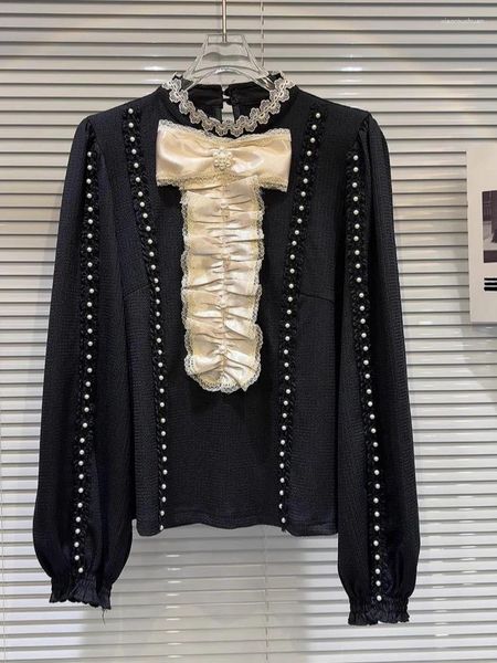 Женские блузки HIGH STREET Fashion 2024 Дизайнерская блузка-рубашка со сложенным галстуком-бабочкой и контрастным цветовым дизайном Верх